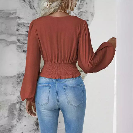 Pulôver feminino com decote V profundo, blusa feminina de manga comprida, tops casuais diários, cintura solta e magro, crossover, primavera, outono