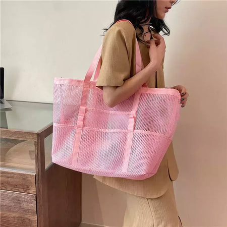Bolsa de praia de malha portátil para mulheres, maquiagem, bolsa de lavagem, organizador de banho, Shopper Totes, verão