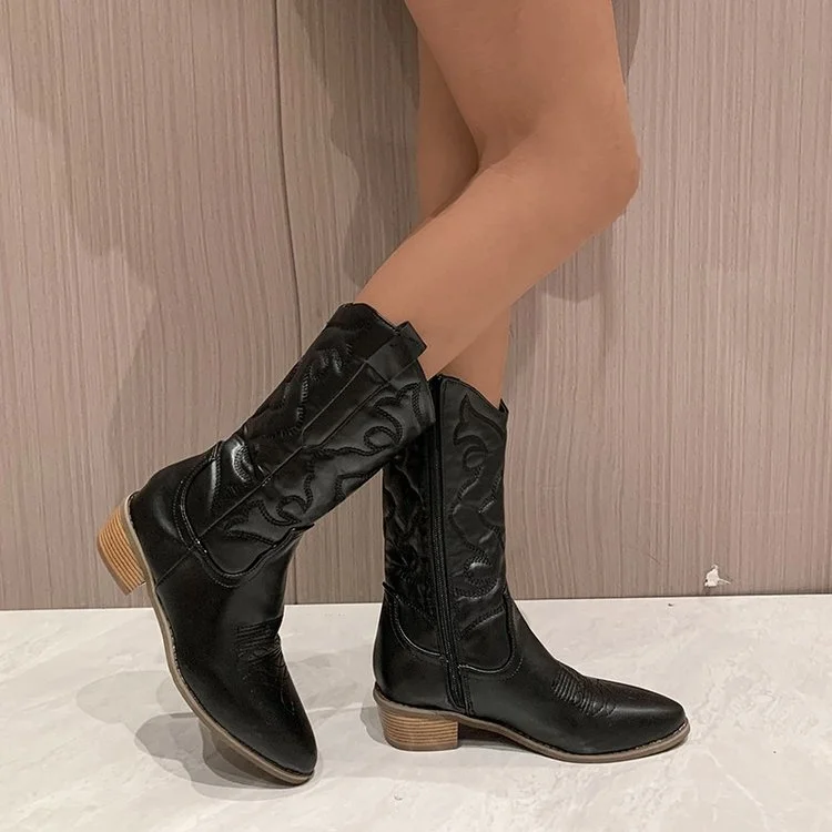Botas meio da panturrilha para mulheres, zíper lateral, ponteiro prateado, vaqueiro ocidental, moda retrô, preto, dourado, tamanho grande 36-43