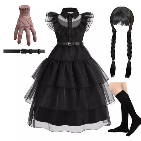 Crianças addams traje do bebê meninas família cosplay traje de halloween crianças família dança vestido preto quarta-feira pageant fantasia