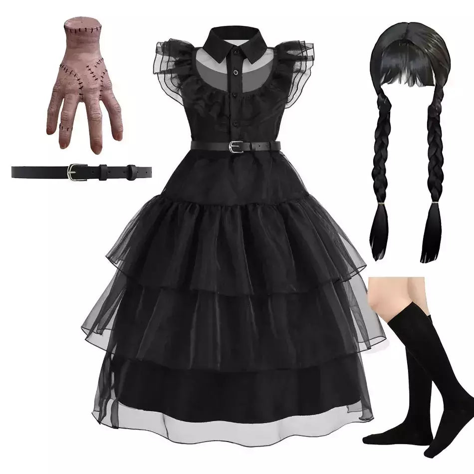 Crianças addams traje do bebê meninas família cosplay traje de halloween crianças família dança vestido preto quarta-feira pageant fantasia