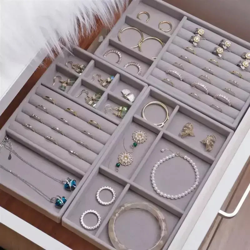 Atualizar caixa de armazenamento de jóias de veludo colar empilhável bandeja de exibição pulseira brinco organizadores diy artesanato gaveta caixa cinza