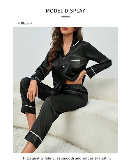 Pijama de seda gelo de mangas compridas feminino, tamanhos grandes, monocromático, casual, solto, preto, botões macios, cardigã, roupa de casa, pijamas, outono, inverno