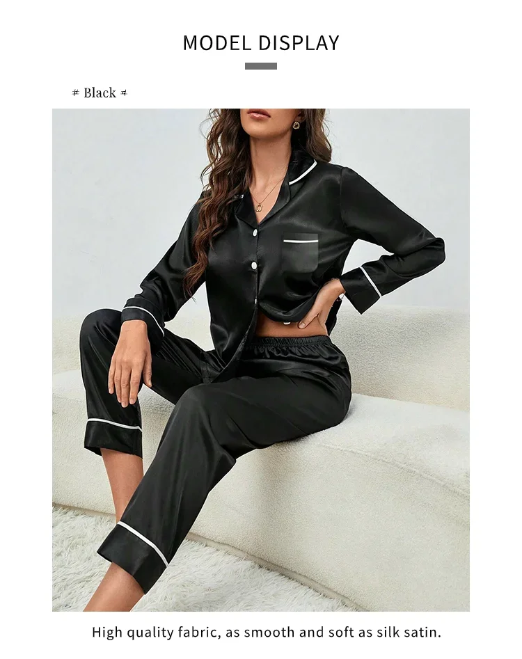 Pijama de seda gelo de mangas compridas feminino, tamanhos grandes, monocromático, casual, solto, preto, botões macios, cardigã, roupa de casa, pijamas, outono, inverno