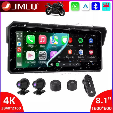 Jmcq portátil 8.1 polegada ip67 à prova dip67 água motocicleta 4k dvr navegação gps sem fio carplay android auto moto gravador monitor