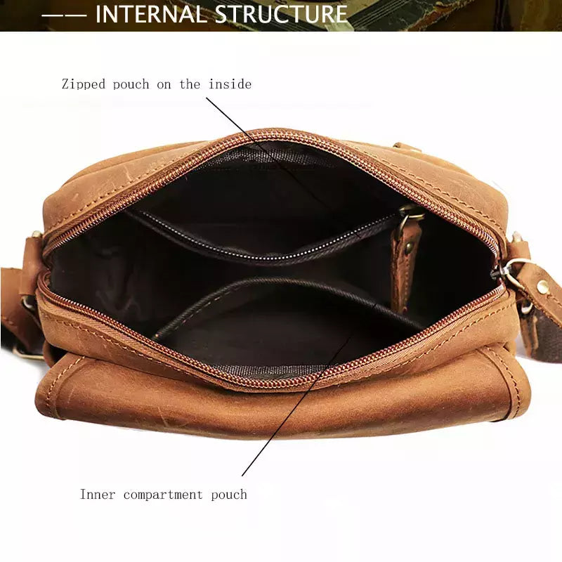 Bolsa de ombro retrô de couro genuíno masculina, grande capacidade, bolsa transversal diagonal, bolsa pequena para iPad, cavalo louco