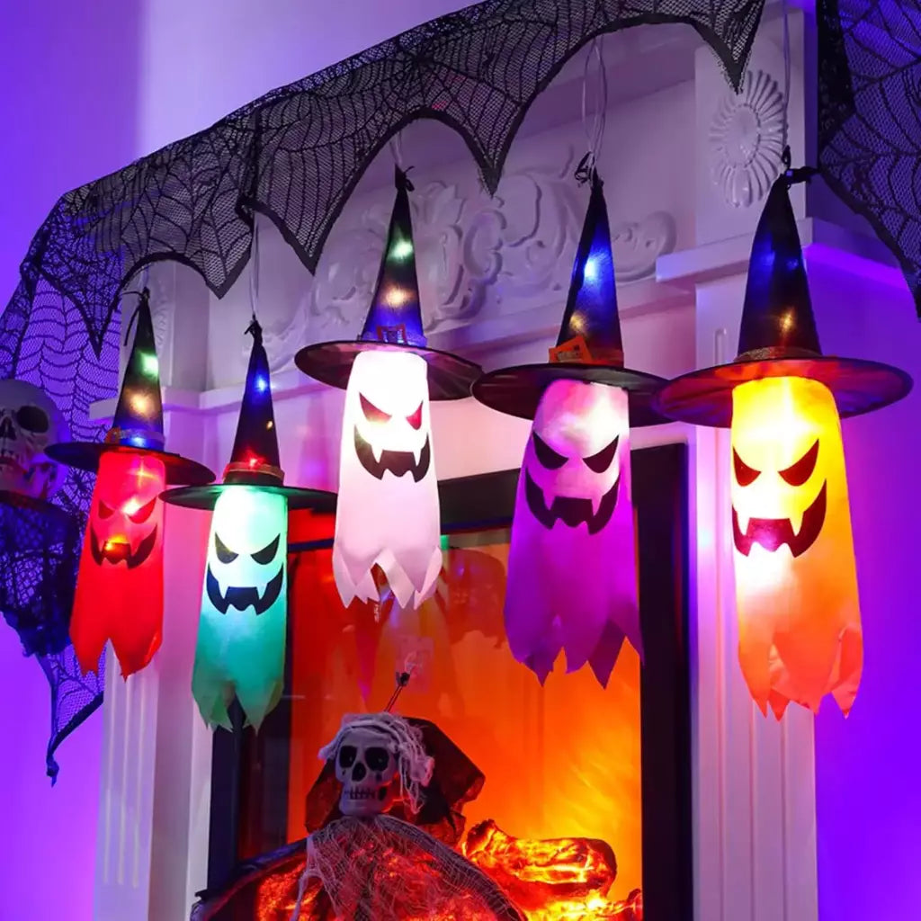 Decorações de Halloween ao ar livre 5 PCS pendurado Halloween iluminado brilhante chapéu de bruxa fantasma com luzes de corda LED para festa jardim