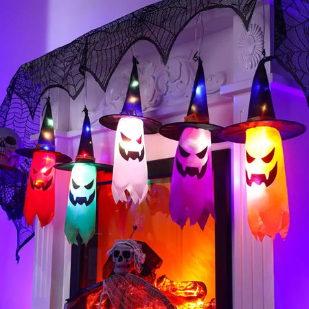 Decorações de Halloween ao ar livre 5 PCS pendurado Halloween iluminado brilhante chapéu de bruxa fantasma com luzes de corda LED para festa jardim