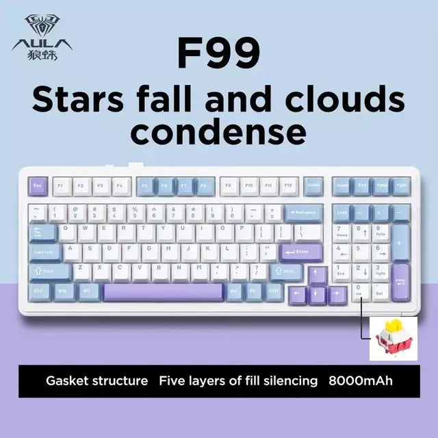 Aula f99 teclado mecânico para jogos, três modos, 2.4g, sem fio, bluetooth, com fio, troca quente, junta pbt, rgb para jogos, digitação, 99 teclas