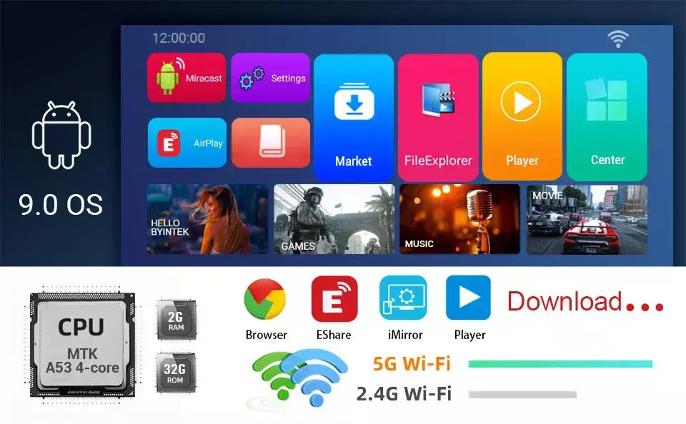 BYINTEK R20 Max Mini Projetor 4K DLP Smart WiFi Android 11.0 LED 1080P Projetores de home theater ao ar livre com bateria de 15600mAh
