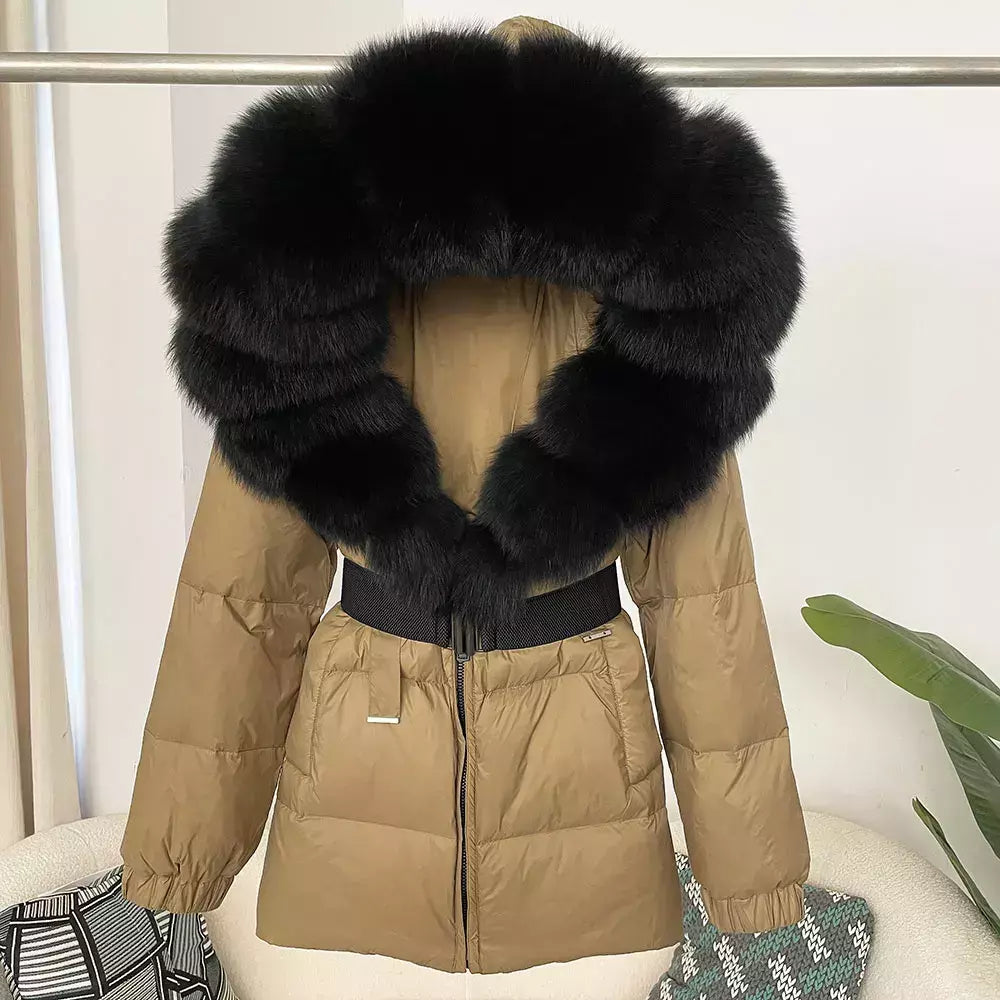 Oftbuy 2024 jaqueta de inverno feminina gola de pele de raposa natural real com capuz grosso quente 90% pato branco para baixo casaco feminino streetwear casual