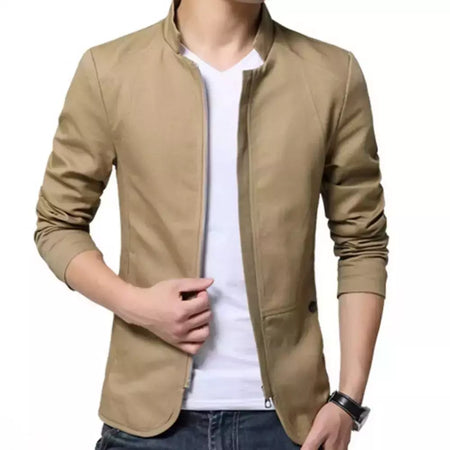 Blazer casual masculino com gola de suporte, jaqueta de negócios elegante, casaco monocromático com bolsos de zíper fino e fino, primavera e outono