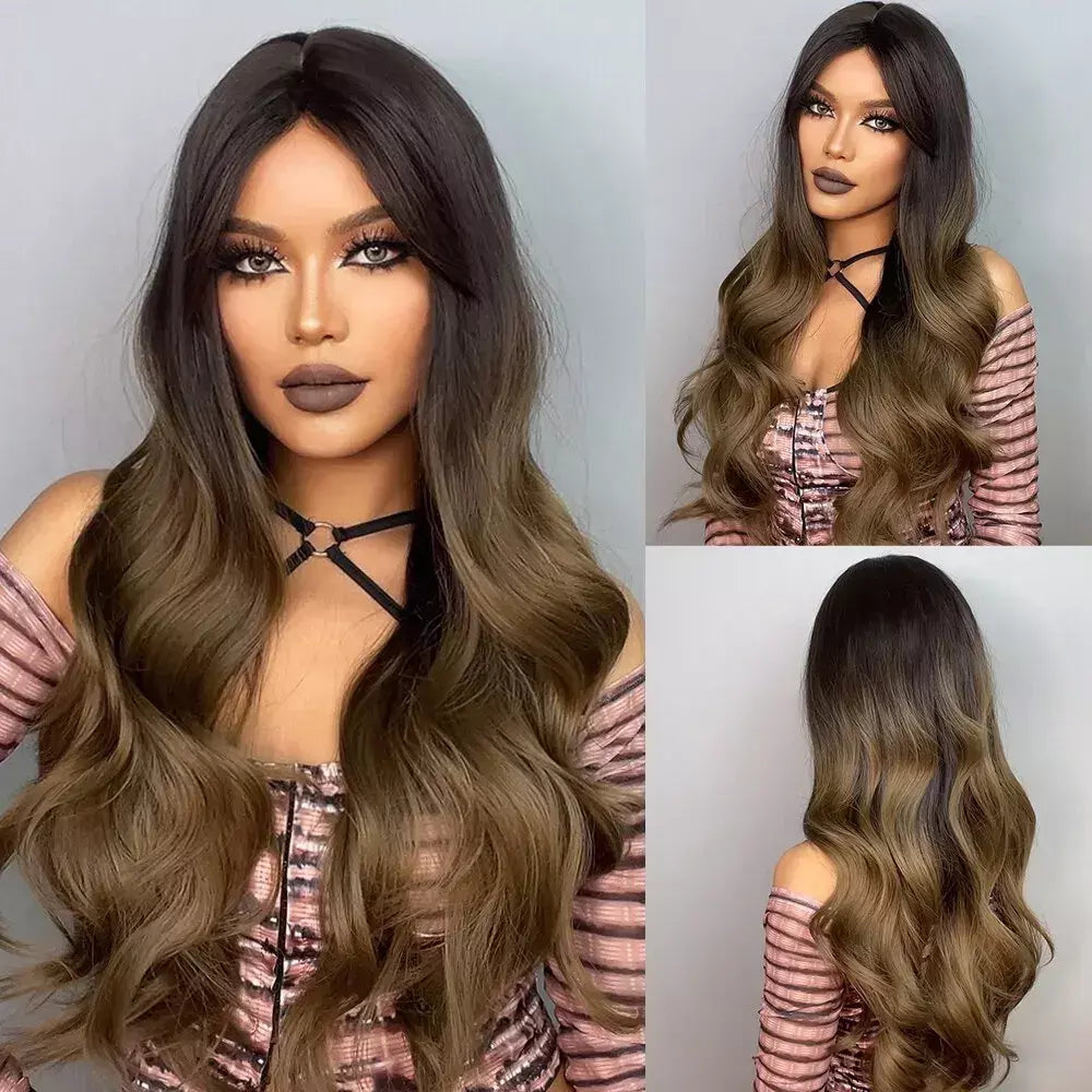 Marrom loira ombre perucas de cabelo natural para mulheres longo ondulado com raízes escuras peruca sintética para mulheres resistente ao calor perucas coaplay