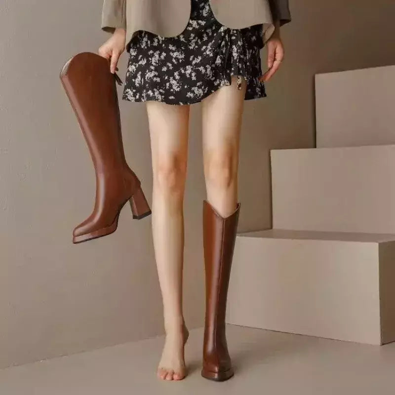 Bota alta de joelho para mulheres, sapatos de salto grosso, marrom quente, longo, moda, novo, inverno, 2022