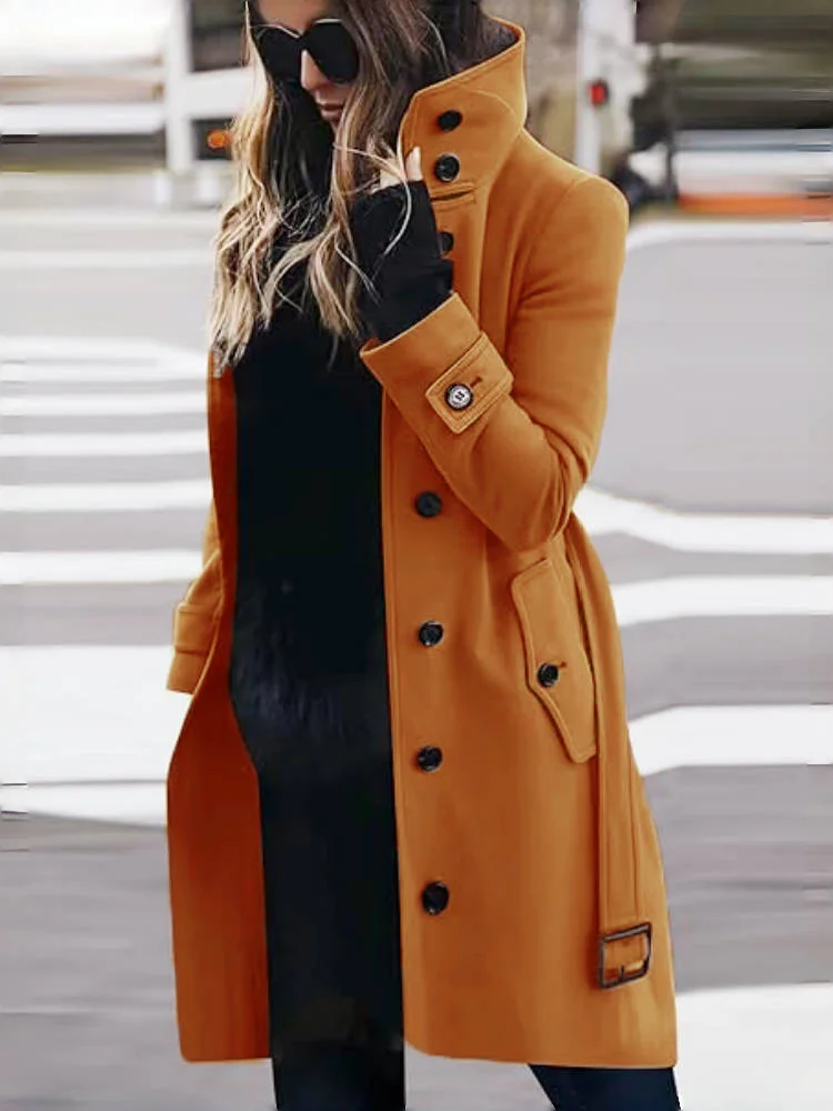 Casaco longo de gola virada para baixo de peito único feminino, casacos de lã, jaquetas femininas quentes, roupas de inverno