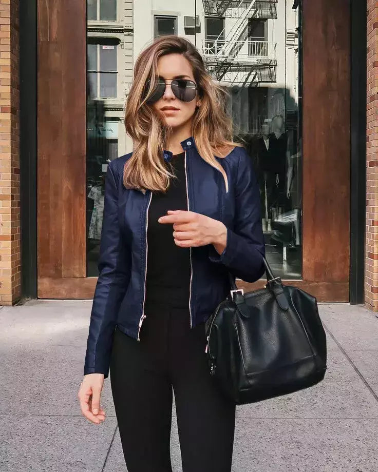 Jaqueta de couro PU feminina com zíper, casaco manga comprida, jaquetas de motociclista, slim fit, monocromática, streetwear casual, moda feminina, outono, Y2K