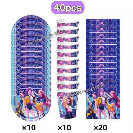 Conjunto de talheres para decoração de festa de aniversário, caçadores de demônios, copo, prato, guardanapo, banner, balão, meninas, coreano, kpop, anime, suprimentos de festa, decoração