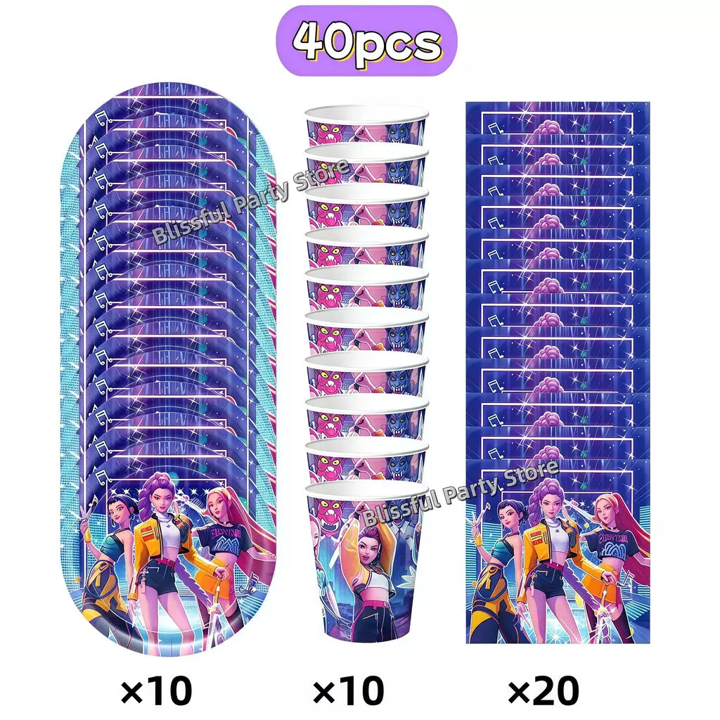 Conjunto de talheres para decoração de festa de aniversário, caçadores de demônios, copo, prato, guardanapo, banner, balão, meninas, coreano, kpop, anime, suprimentos de festa, decoração