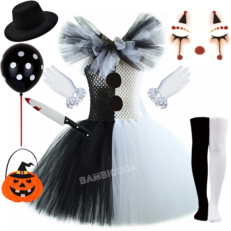O traje de palhaço terrível arte menina preto branco fantasia tutu vestido horror coringa vestido para meninas trajes de festa de carnaval de halloween