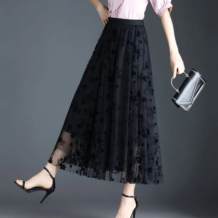 Saia coreana feminina de tule, saia midi solta, elegante feminina casual todas as saias de malha de fósforo, gancho de verão Fashion, nova