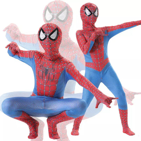 Crianças super-herói bodysuit milhas cosplay peter parker traje dos desenhos animados halloween conjunto com capuz traje de férias macacão com capuz separado