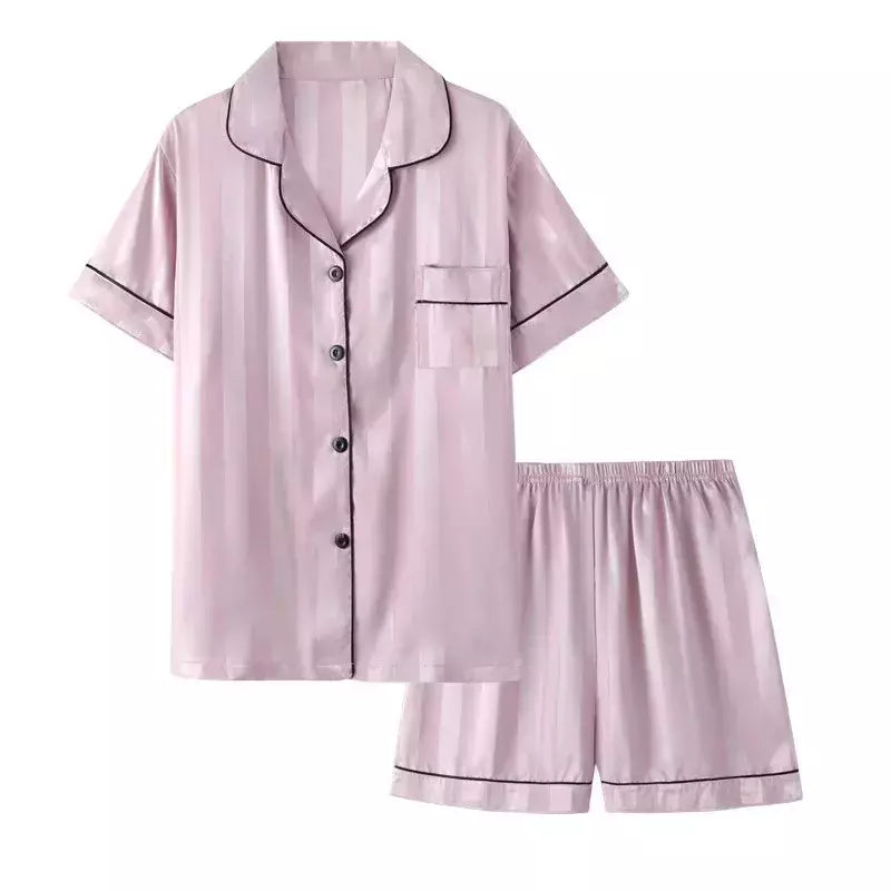 Pijama feminino de seda gelo, manga curta, calça curta, seda de simulação, roupa doméstica, cor sólida, listrado, estudante, conjunto 2 peças, S, L