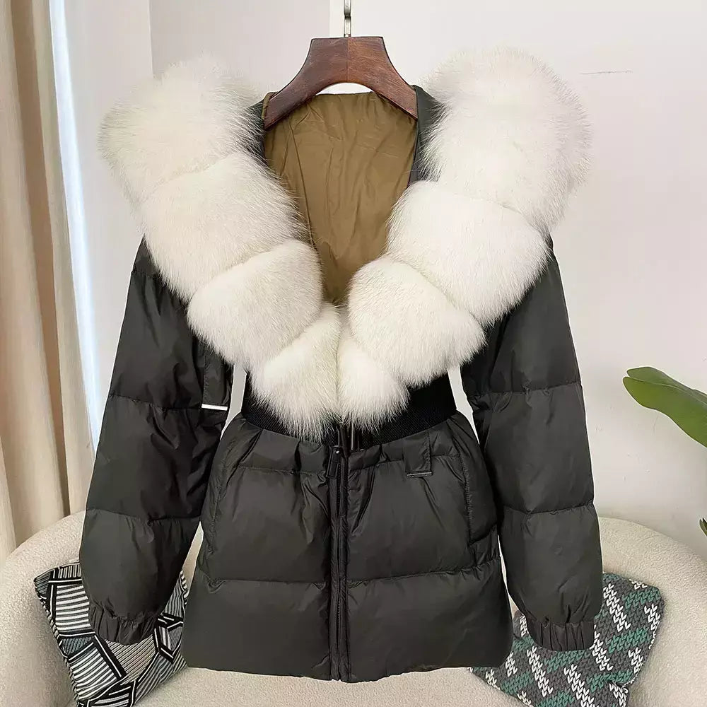 Oftbuy 2024 jaqueta de inverno feminina gola de pele de raposa natural real com capuz grosso quente 90% pato branco para baixo casaco feminino streetwear casual