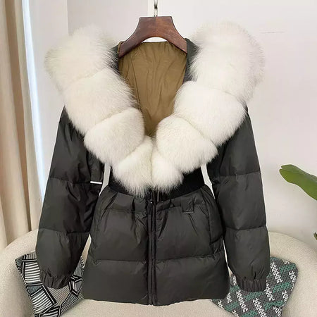 Oftbuy 2024 jaqueta de inverno feminina gola de pele de raposa natural real com capuz grosso quente 90% pato branco para baixo casaco feminino streetwear casual
