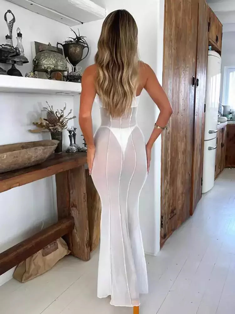 Nibber-Mulheres Ver Através Maxi Vestido Magro, Malha Coquette, Strapless Fit, Festa na Praia, Recreação, Anel De Metal, Patchwork