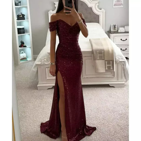 Vestido Dividido de Pescoço Uma Linha Feminino, Lantejoulas, Dividido, Versátil, Elegante, Charme, Emagrecedor, Festa, INS, Emagrecimento, S-XL Size, Novo