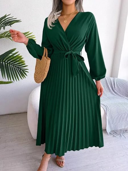 Elegante V Neck manga comprida das mulheres plissado vestido Maxi