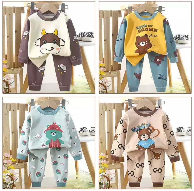 Conjuntos de pijamas de algodão infantil camiseta manga comprida, tops e calças, pijamas casuais, urso fofo dos desenhos animados, roupas de bebê, outono