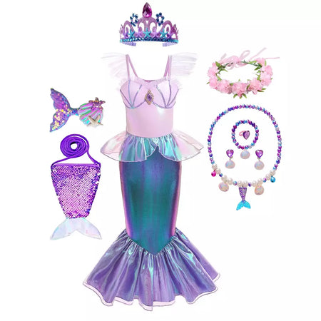 Meninas escala roxa princesa sereia ariel cosplay vestido de halloween vestido de festa de aniversário meninas verão praia vestido de férias