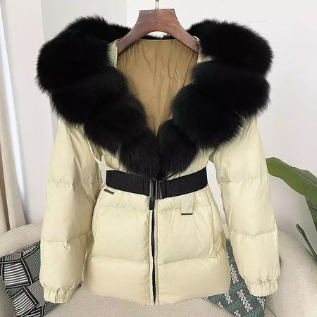 Oftbuy 2024 jaqueta de inverno feminina gola de pele de raposa natural real com capuz grosso quente 90% pato branco para baixo casaco feminino streetwear casual