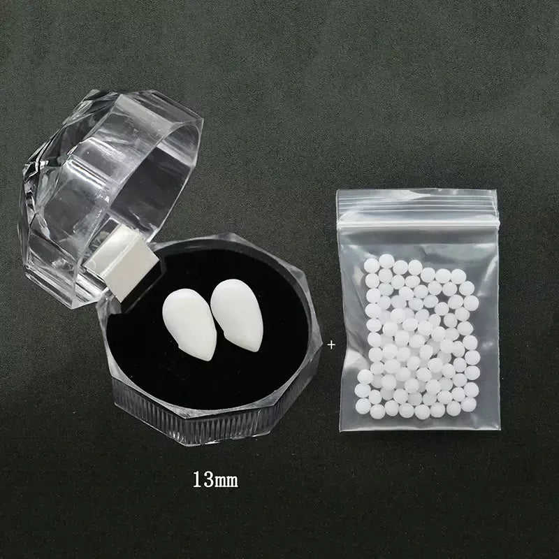 1 par de dentes de vampiro para halloween, presas para dentaduras, adereços para festa, fantasia diy, adereços para cosplay, dentes falsos, presas de resina com cola sólida