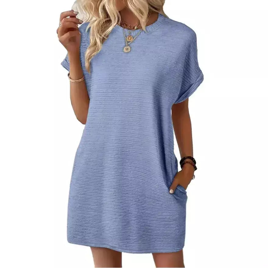 2026 robe femmes soiree manga curta em torno do pescoço mini vestido de cor sólida das mulheres bolso novo solto escritório deslocamento versátil vestido