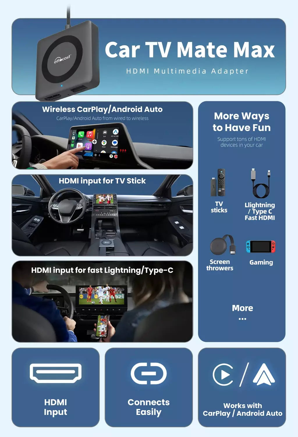 Otocast carro tv mate com fio para adaptador carplay sem fio android auto hdmi multimídia conversor de vídeo para tv varas caixa de jogo telefone