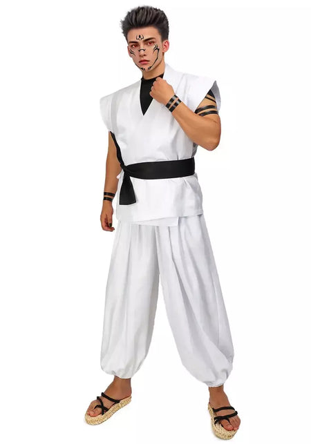 Dazcos ryomen sukuna traje branco kung fu terno com adesivos de tatuagem ryomen sukuna como megumi showdown cosplay traje conjunto completo