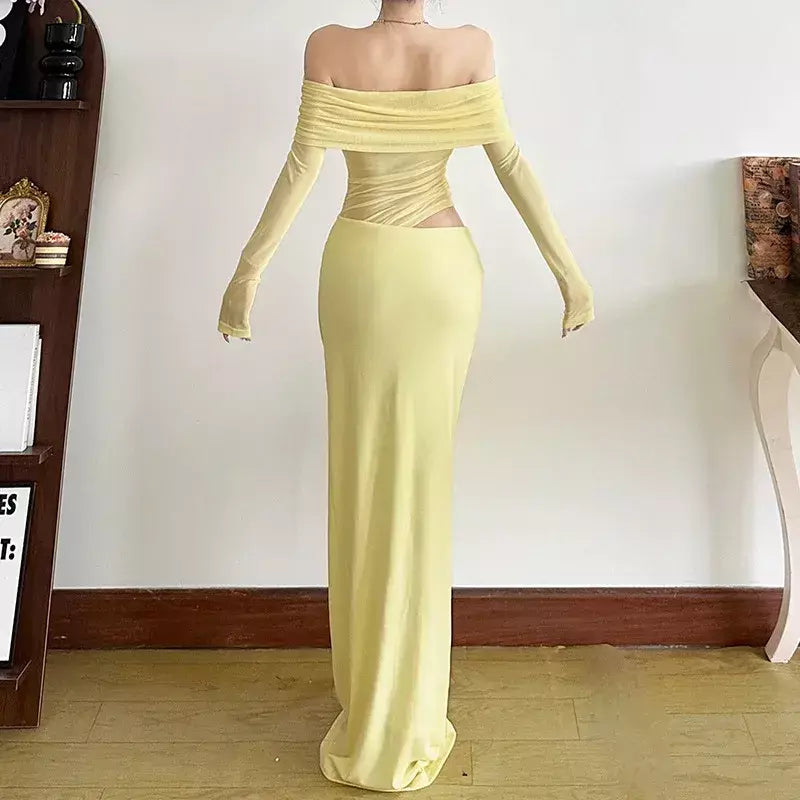 Oco sexy vestido longo feminino um ombro malha transparente festa noite vestido de malha verão moda cor sólida maxi vestidos