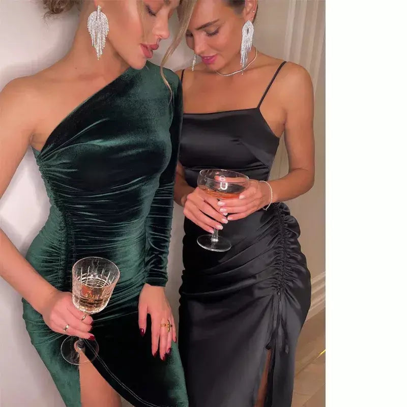 Feminino elegante manga longa festa noite veludo bodycon split lápis midi vestido primavera outono roupas