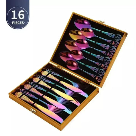 Conjunto de talheres de aço inoxidável dourado, colher europeia real, garfo, talheres completos, design retrô, seguro para máquina de lavar louça, talheres elegantes