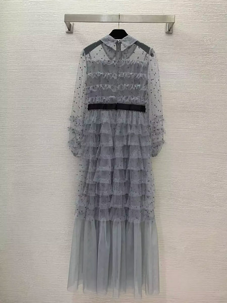 Vestido feminino slim fit plissado em malha, cintura alta, manga longa, retalhamento, vestido feminino de renda, moda outono