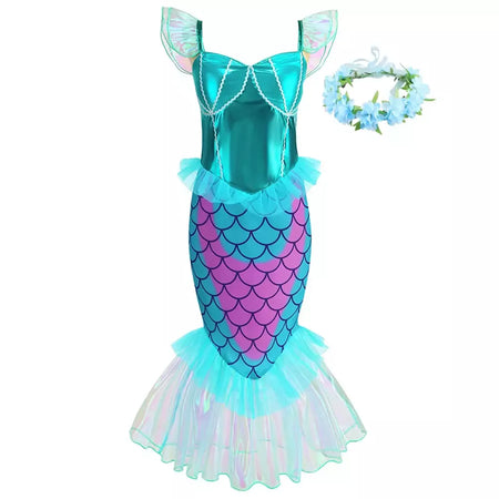 Meninas roxo-azul sereia ariel cosplay vestido de halloween vestido de festa de aniversário meninas praia vestido de férias