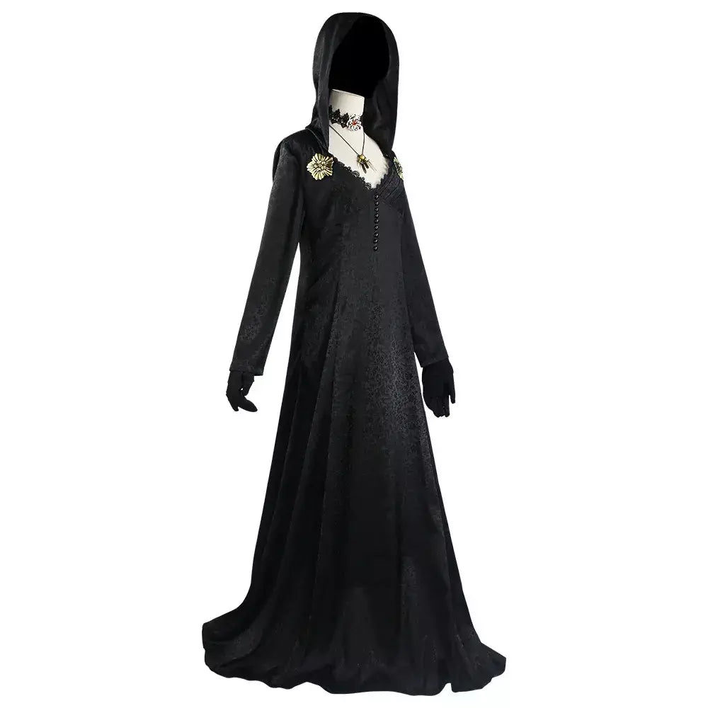 Em estoque traça senhora mal cosplay fantasia aldeia vampiro senhora dimitrescu traje feminino vestido preto halloween carnaval festa terno