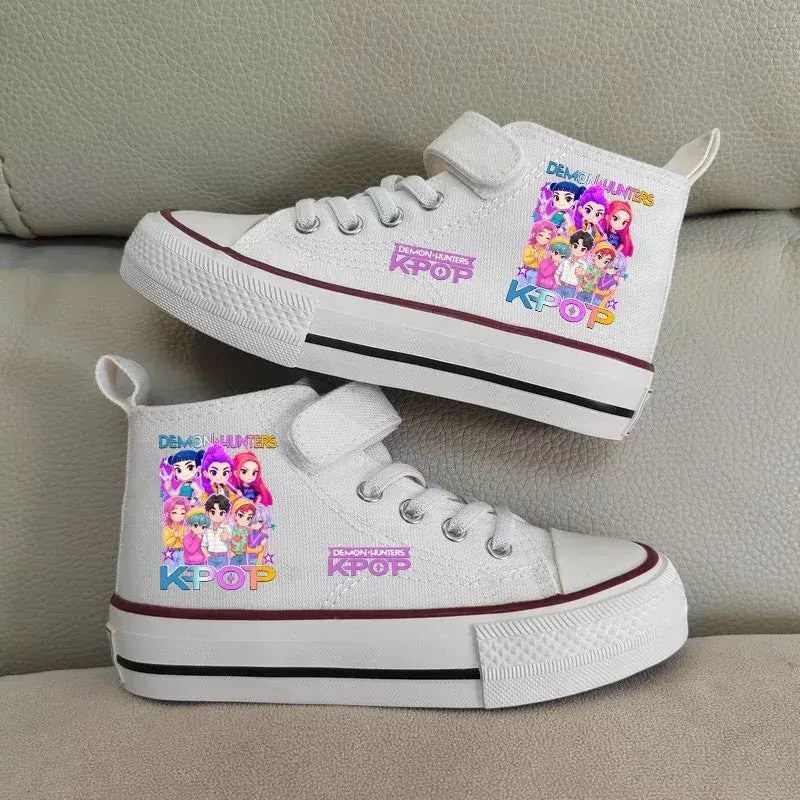 Novas crianças sapatos de lona de alta qualidade meninas sapatos kpop demônio caçadores crianças sapatos de placa branca estudante correndo tênis sapatos brancos