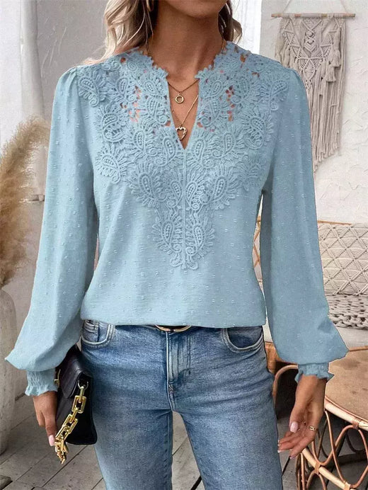 Elegante oco out camisa de renda feminina, pulôver profundo com decote V, blusa monocromática, jacquard lanterna manga longa tops, feminino