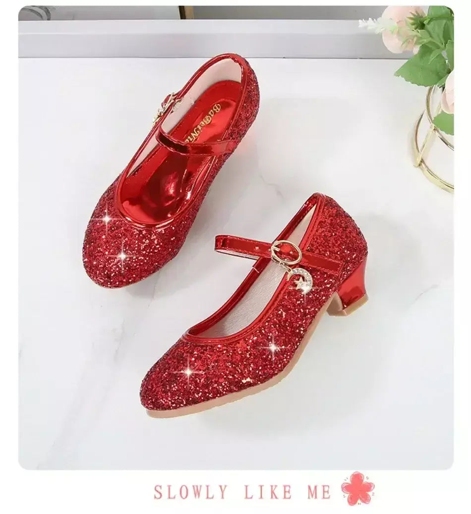 Meninas sapatos crianças salto alto glitter sandálias de cristal moda fivela crianças princesa sapato dança estudante desempenho sapatos de couro