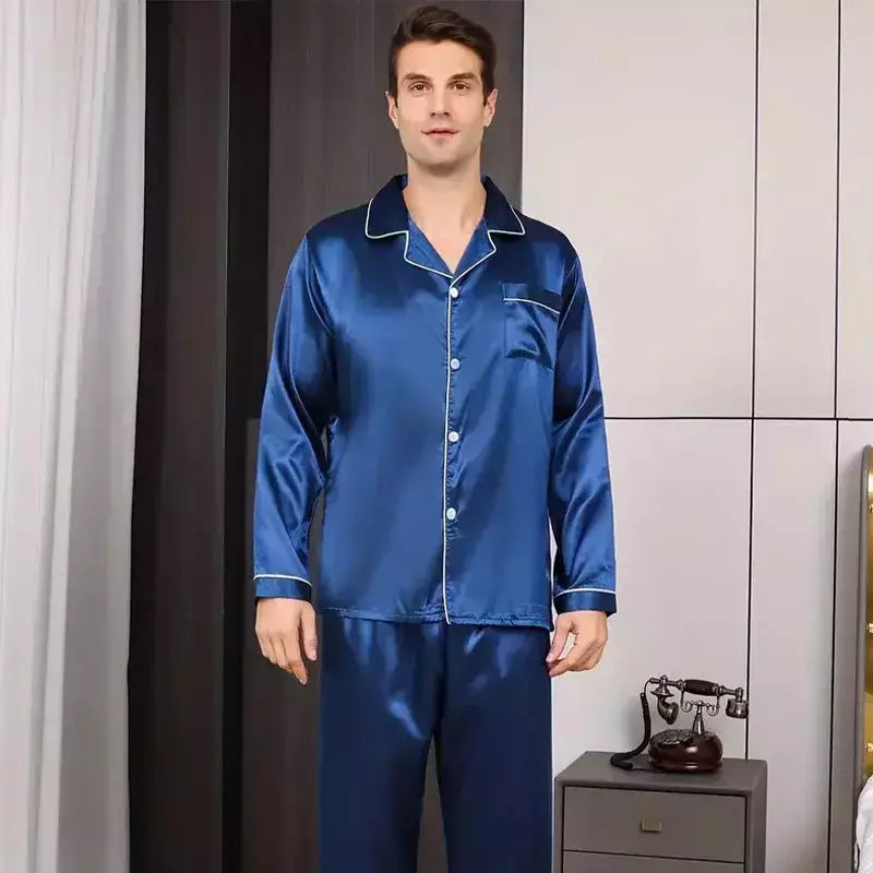 Conjunto de pijama com cardigã de manga comprida masculino, monocromático, lapela, casual, roupa de casa simples, pijamas, plus size, juventude, outono, inverno, 2 peças, conjunto
