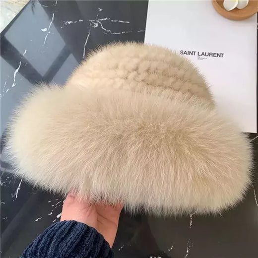Chapéu de pele de vison genuíno para mulheres gorro de malha natural de luxo chapéu de malha artesanal pele de raposa real moda inverno quente, novo