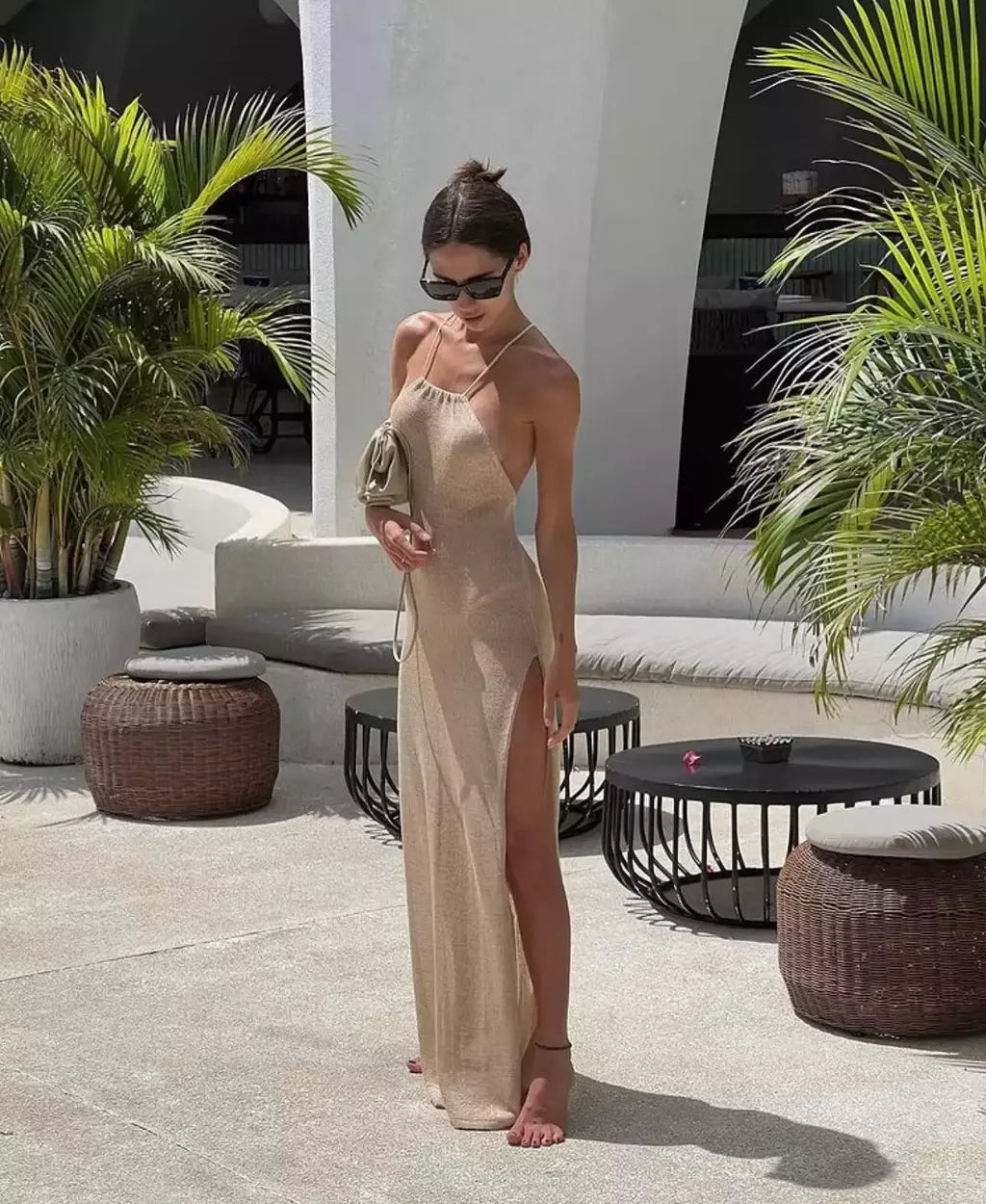 Tecido ver através do vestido maxi, Elegante Halter Beachdress, Sexy Slit Bodycon, Vestido de verão, Beachdress, Ver através, 2022